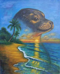 Originalmålning av en säl som framträder i himlen över en tropisk strand i solnedgång. Havsvågor, palmer och varmt ljus.