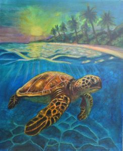 Originalmålning av en havssköldpadda som simmar i klarblått tropiskt vatten med en solnedgång och palmer i bakgrunden